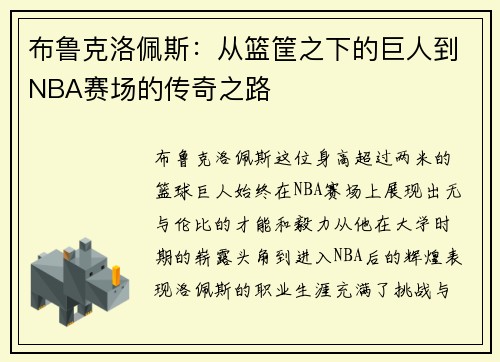 布鲁克洛佩斯：从篮筐之下的巨人到NBA赛场的传奇之路