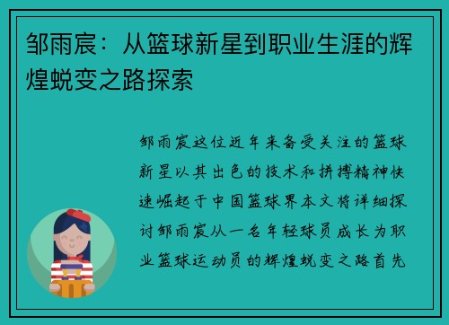 邹雨宸：从篮球新星到职业生涯的辉煌蜕变之路探索